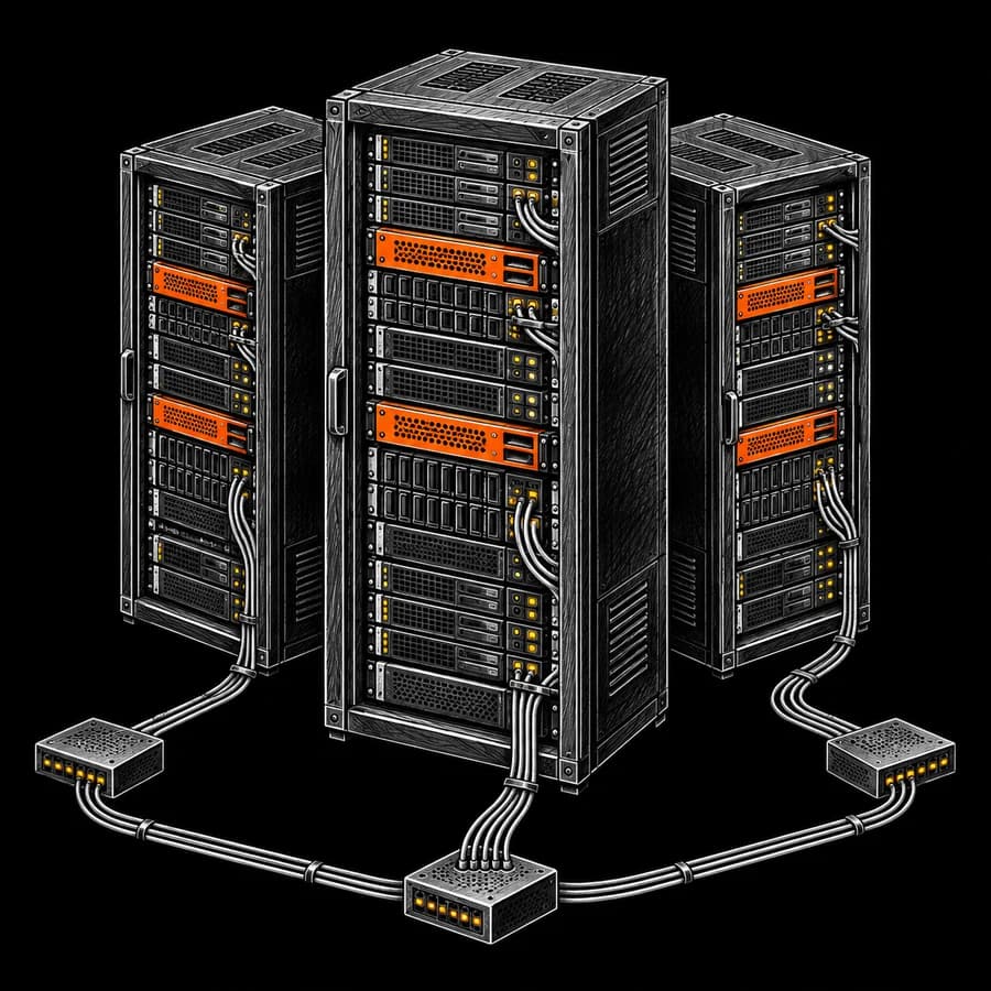 Datacenter server racks connected to network switches.
