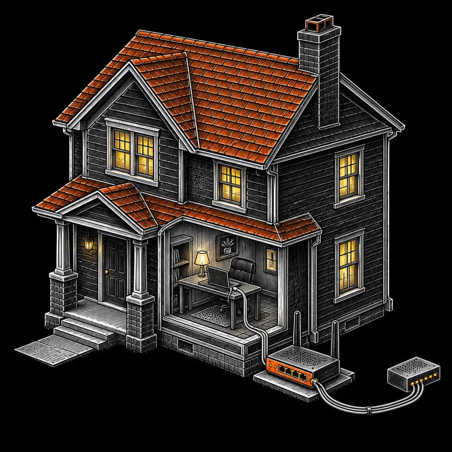 A home-office laptop connected to a residential router.