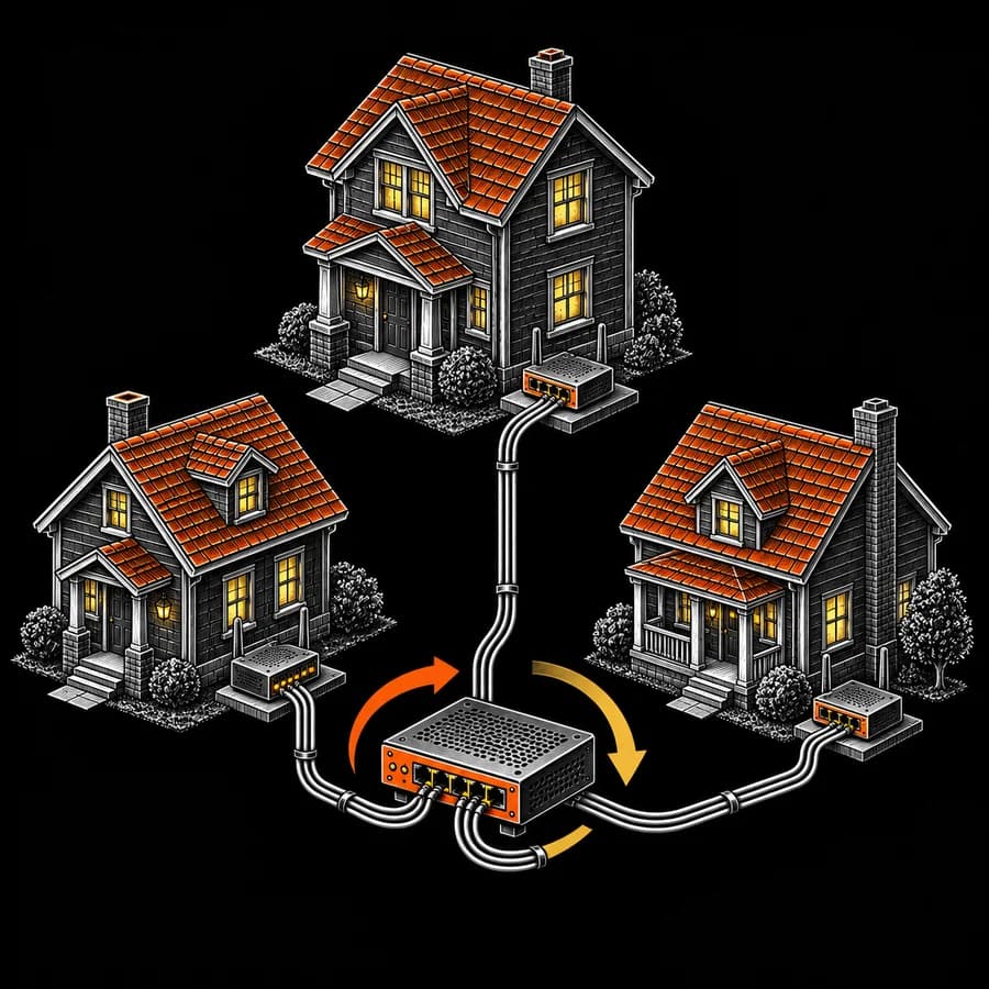 Three home networks connected to a central router, with arrows showing exit rotation.