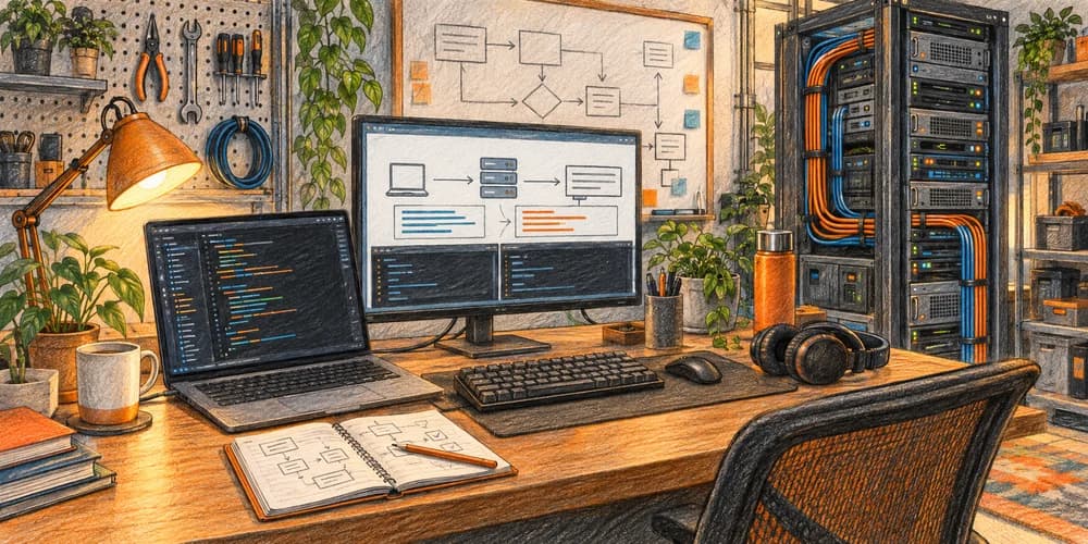 Developer workflows workspace illustrated in colored pencil