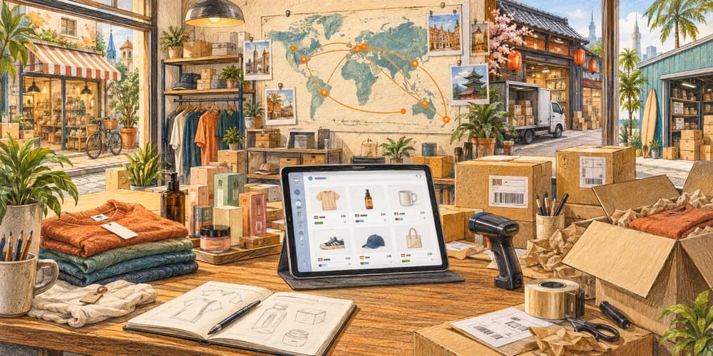Ecommerce workspace illustrated in colored pencil
