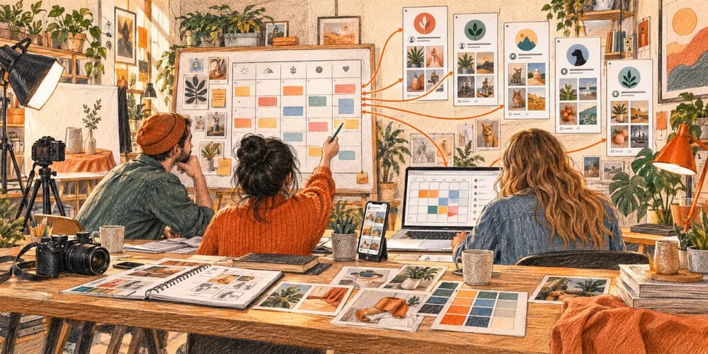 Social workflows workspace illustrated in colored pencil