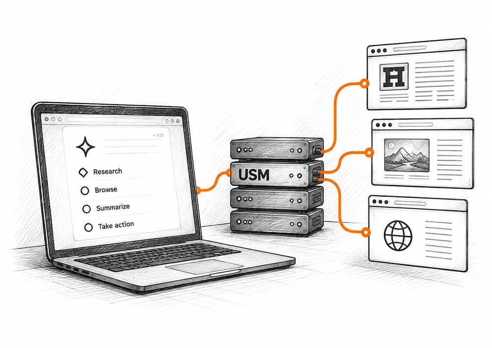 Pencil sketch of an agent’s laptop connecting through a proxy server to public web pages.