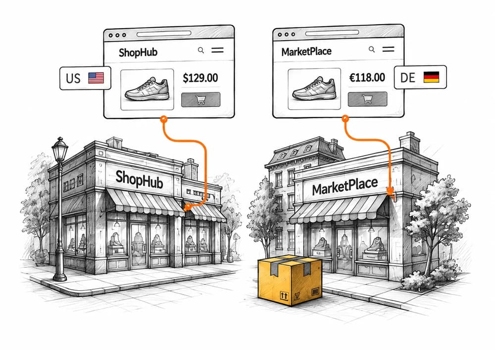 Pencil sketch of two regional storefronts and product pages linked by orange network routes.