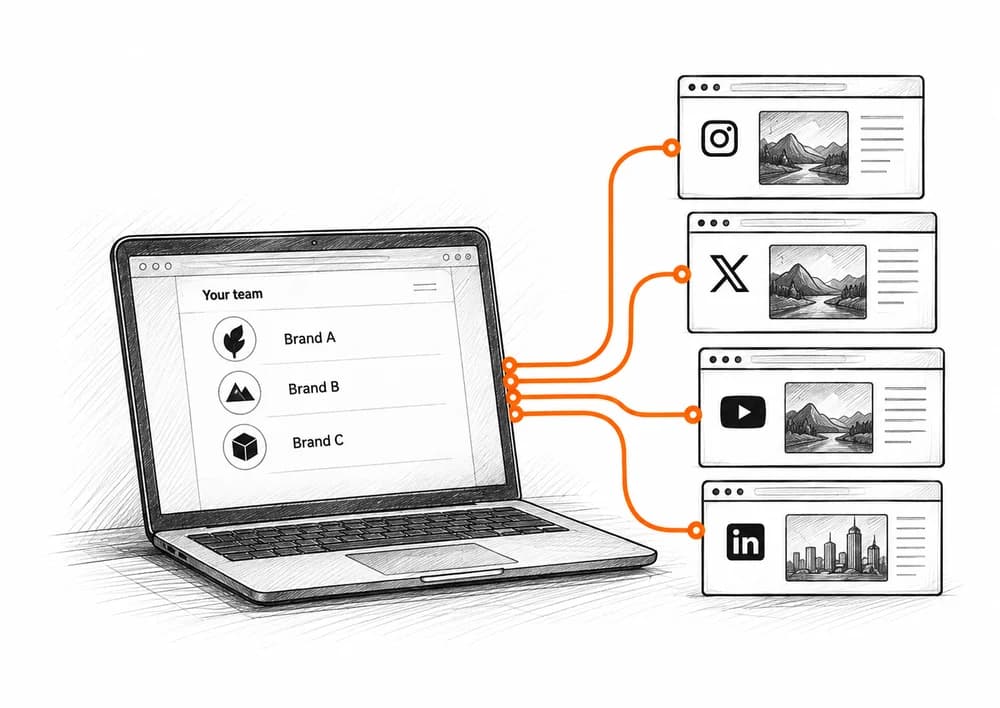 Pencil sketch of a team laptop with separate brand profiles connected to social publishing workspaces.