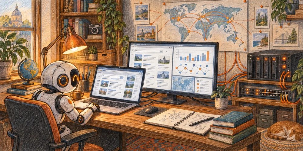 Pencil illustration of a small robot researching web pages at a desk.