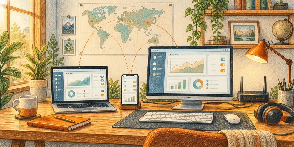 Pencil illustration of connected desktop and mobile devices in a workspace.
